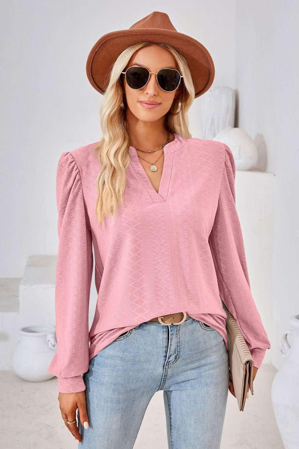 V - Neck Puff Sleeve Blouse - VILLA FASHION